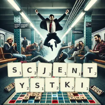 Kreatywna ilustracja do gry w Scrabble ze słowem SCJENTYSTKI ułożonym z płytek na planszy.