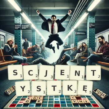 Kreatywna ilustracja do gry w Scrabble ze słowem SCJENTYSTKĘ ułożonym z płytek na planszy.
