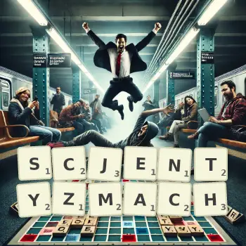 Kreatywna ilustracja do gry w Scrabble ze słowem SCJENTYZMACH ułożonym z płytek na planszy.