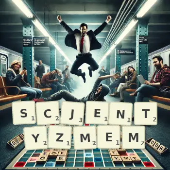 Kreatywna ilustracja do gry w Scrabble ze słowem SCJENTYZMEM ułożonym z płytek na planszy.