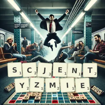 Kreatywna ilustracja do gry w Scrabble ze słowem SCJENTYZMIE ułożonym z płytek na planszy.