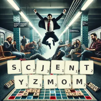 Kreatywna ilustracja do gry w Scrabble ze słowem SCJENTYZMOM ułożonym z płytek na planszy.