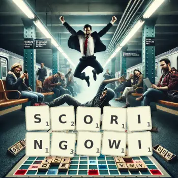 Kreatywna ilustracja do gry w Scrabble ze słowem SCORINGOWI ułożonym z płytek na planszy.