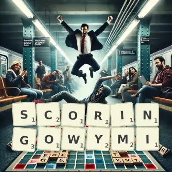 Kreatywna ilustracja do gry w Scrabble ze słowem SCORINGOWYMI ułożonym z płytek na planszy.