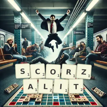 Kreatywna ilustracja do gry w Scrabble ze słowem SCORZALIT ułożonym z płytek na planszy.