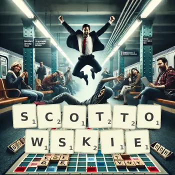 Kreatywna ilustracja do gry w Scrabble ze słowem SCOTTOWSKIE ułożonym z płytek na planszy.