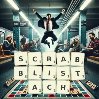 Kreatywna ilustracja do gry w Scrabble ze słowem SCRABBLISTACH ułożonym z płytek na planszy.