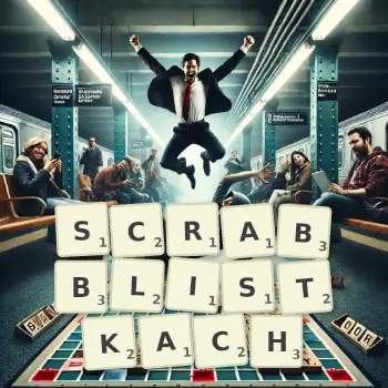 Kreatywna ilustracja do gry w Scrabble ze słowem SCRABBLISTKACH ułożonym z płytek na planszy.