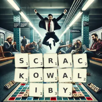Kreatywna ilustracja do gry w Scrabble ze słowem SCRACKOWALIBY ułożonym z płytek na planszy.