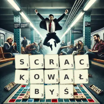 Kreatywna ilustracja do gry w Scrabble ze słowem SCRACKOWAŁBYŚ ułożonym z płytek na planszy.