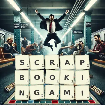 Kreatywna ilustracja do gry w Scrabble ze słowem SCRAPBOOKINGAMI ułożonym z płytek na planszy.