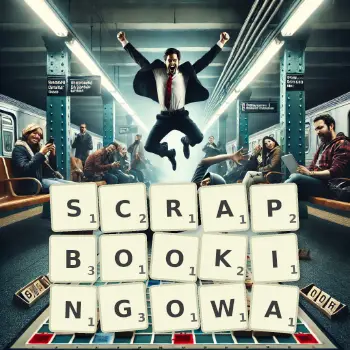 Kreatywna ilustracja do gry w Scrabble ze słowem SCRAPBOOKINGOWA ułożonym z płytek na planszy.