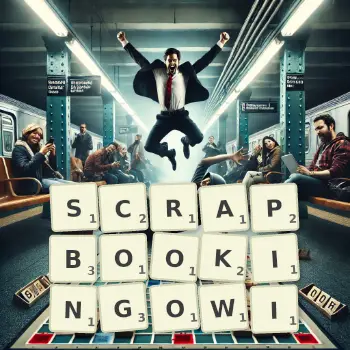 Kreatywna ilustracja do gry w Scrabble ze słowem SCRAPBOOKINGOWI ułożonym z płytek na planszy.