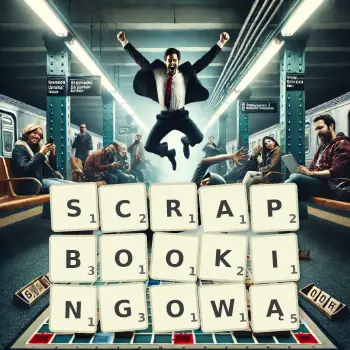 Kreatywna ilustracja do gry w Scrabble ze słowem SCRAPBOOKINGOWĄ ułożonym z płytek na planszy.