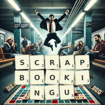 Kreatywna ilustracja do gry w Scrabble ze słowem SCRAPBOOKINGU ułożonym z płytek na planszy.