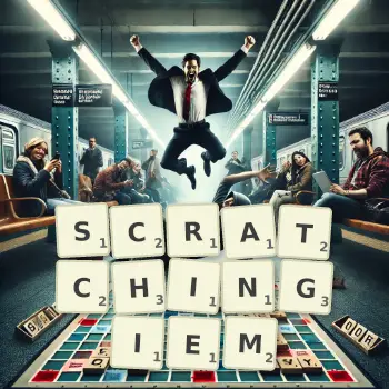 Kreatywna ilustracja do gry w Scrabble ze słowem SCRATCHINGIEM ułożonym z płytek na planszy.