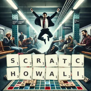 Kreatywna ilustracja do gry w Scrabble ze słowem SCRATCHOWALI ułożonym z płytek na planszy.