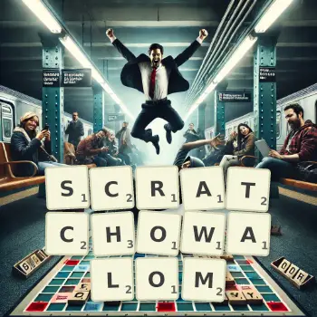 Kreatywna ilustracja do gry w Scrabble ze słowem SCRATCHOWALOM ułożonym z płytek na planszy.
