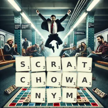 Kreatywna ilustracja do gry w Scrabble ze słowem SCRATCHOWANYM ułożonym z płytek na planszy.