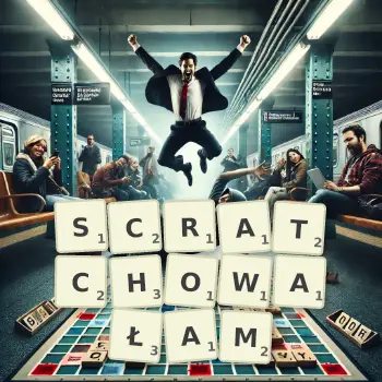 Kreatywna ilustracja do gry w Scrabble ze słowem SCRATCHOWAŁAM ułożonym z płytek na planszy.