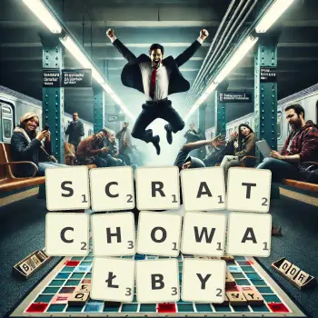Kreatywna ilustracja do gry w Scrabble ze słowem SCRATCHOWAŁBY ułożonym z płytek na planszy.
