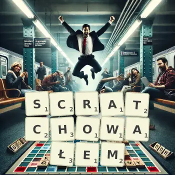 Kreatywna ilustracja do gry w Scrabble ze słowem SCRATCHOWAŁEM ułożonym z płytek na planszy.
