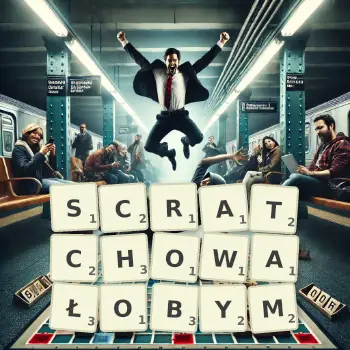 Kreatywna ilustracja do gry w Scrabble ze słowem SCRATCHOWAŁOBYM ułożonym z płytek na planszy.