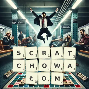 Kreatywna ilustracja do gry w Scrabble ze słowem SCRATCHOWAŁOM ułożonym z płytek na planszy.