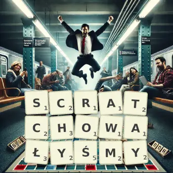 Kreatywna ilustracja do gry w Scrabble ze słowem SCRATCHOWAŁYŚMY ułożonym z płytek na planszy.