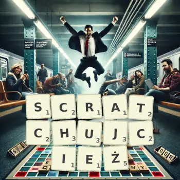 Kreatywna ilustracja do gry w Scrabble ze słowem SCRATCHUJCIEŻ ułożonym z płytek na planszy.