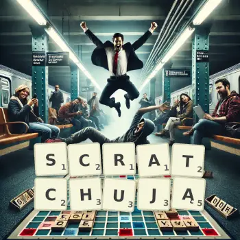 Kreatywna ilustracja do gry w Scrabble ze słowem SCRATCHUJĄ ułożonym z płytek na planszy.