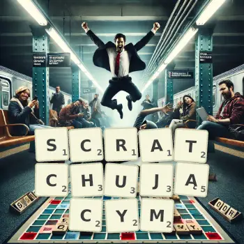 Kreatywna ilustracja do gry w Scrabble ze słowem SCRATCHUJĄCYM ułożonym z płytek na planszy.