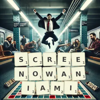 Kreatywna ilustracja do gry w Scrabble ze słowem SCREENOWANIAMI ułożonym z płytek na planszy.