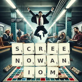 Kreatywna ilustracja do gry w Scrabble ze słowem SCREENOWANIOM ułożonym z płytek na planszy.