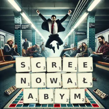 Kreatywna ilustracja do gry w Scrabble ze słowem SCREENOWAŁABYM ułożonym z płytek na planszy.