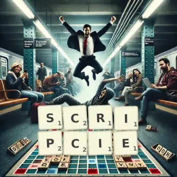 Kreatywna ilustracja do gry w Scrabble ze słowem SCRIPCIE ułożonym z płytek na planszy.