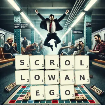 Kreatywna ilustracja do gry w Scrabble ze słowem SCROLLOWANEGO ułożonym z płytek na planszy.