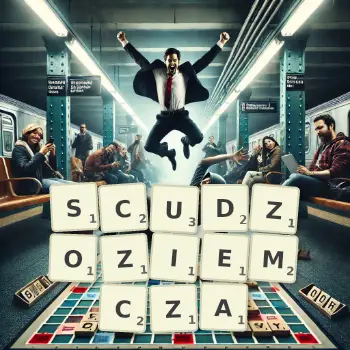 Kreatywna ilustracja do gry w Scrabble ze słowem SCUDZOZIEMCZA ułożonym z płytek na planszy.