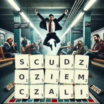 Kreatywna ilustracja do gry w Scrabble ze słowem SCUDZOZIEMCZALI ułożonym z płytek na planszy.