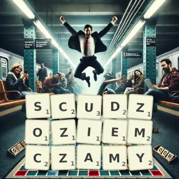 Kreatywna ilustracja do gry w Scrabble ze słowem SCUDZOZIEMCZAMY ułożonym z płytek na planszy.
