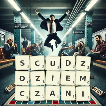 Kreatywna ilustracja do gry w Scrabble ze słowem SCUDZOZIEMCZANI ułożonym z płytek na planszy.
