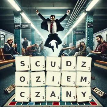 Kreatywna ilustracja do gry w Scrabble ze słowem SCUDZOZIEMCZANY ułożonym z płytek na planszy.