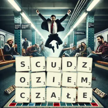 Kreatywna ilustracja do gry w Scrabble ze słowem SCUDZOZIEMCZAŁE ułożonym z płytek na planszy.
