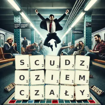 Kreatywna ilustracja do gry w Scrabble ze słowem SCUDZOZIEMCZAŁY ułożonym z płytek na planszy.