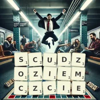Kreatywna ilustracja do gry w Scrabble ze słowem SCUDZOZIEMCZCIE ułożonym z płytek na planszy.