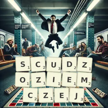 Kreatywna ilustracja do gry w Scrabble ze słowem SCUDZOZIEMCZEJ ułożonym z płytek na planszy.