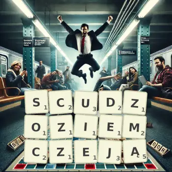 Kreatywna ilustracja do gry w Scrabble ze słowem SCUDZOZIEMCZEJĄ ułożonym z płytek na planszy.