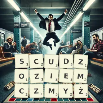 Kreatywna ilustracja do gry w Scrabble ze słowem SCUDZOZIEMCZMYŻ ułożonym z płytek na planszy.