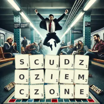 Kreatywna ilustracja do gry w Scrabble ze słowem SCUDZOZIEMCZONE ułożonym z płytek na planszy.
