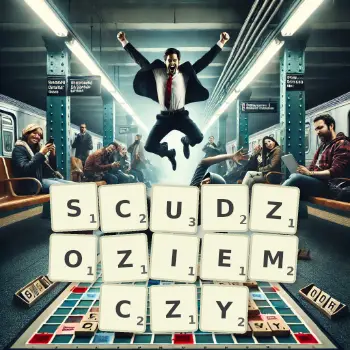 Kreatywna ilustracja do gry w Scrabble ze słowem SCUDZOZIEMCZY ułożonym z płytek na planszy.